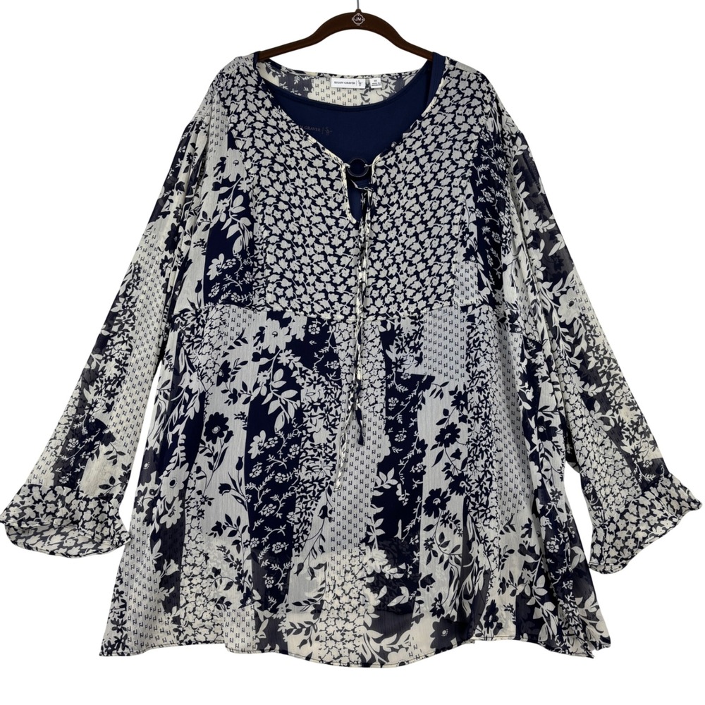 Susan Graver Blouse & Tank Set Size 3X Navy Blue Floral Chiffon Bell Sleeve